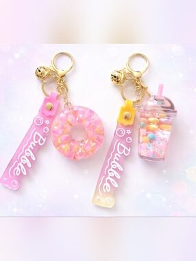Kawaii Liquid Shaky Keychain Set 2PCS Cute Bubble Tea Donut Charm Keyring Pink G
